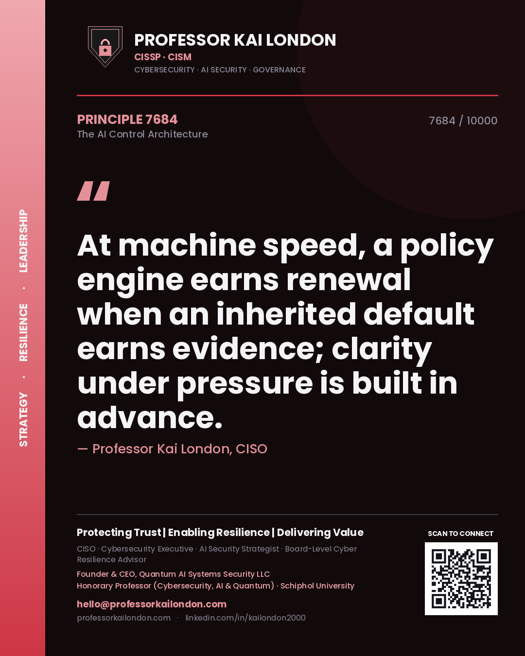 Quote card by Professor Kai London reading 'At machine speed, a policy engine earns renewal when an inherited default earns evidence; clarity under pressure is built in advance.'. From the book The AI Control Architecture.