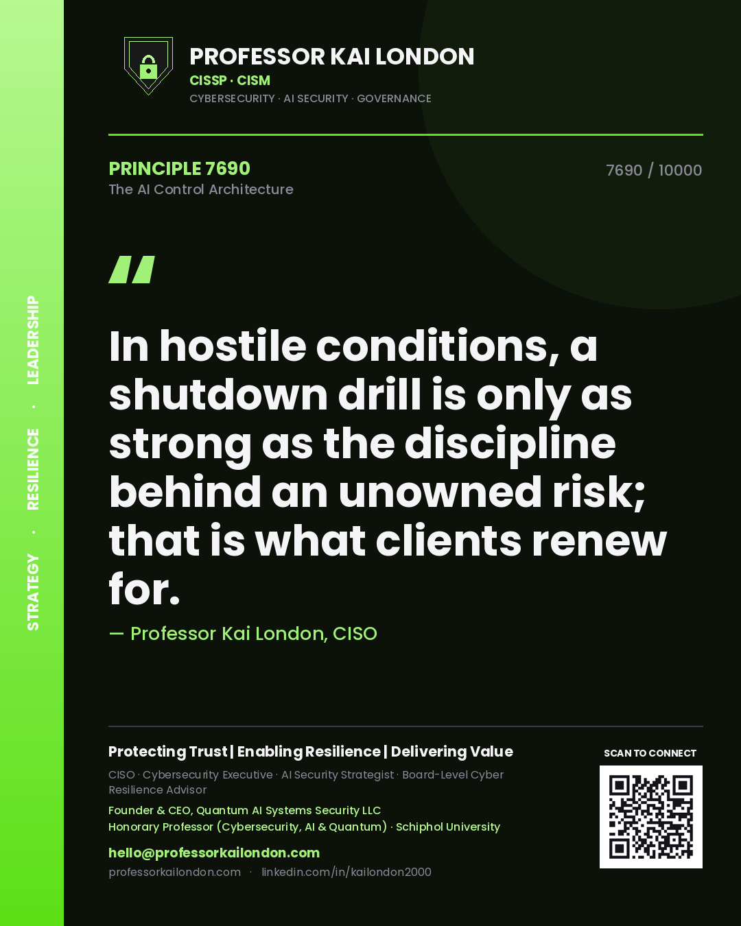 Professor Kai London principle 7690: In hostile conditions, a shutdown drill is only as strong as the discipline behind an unowned risk; that is what clients renew for.