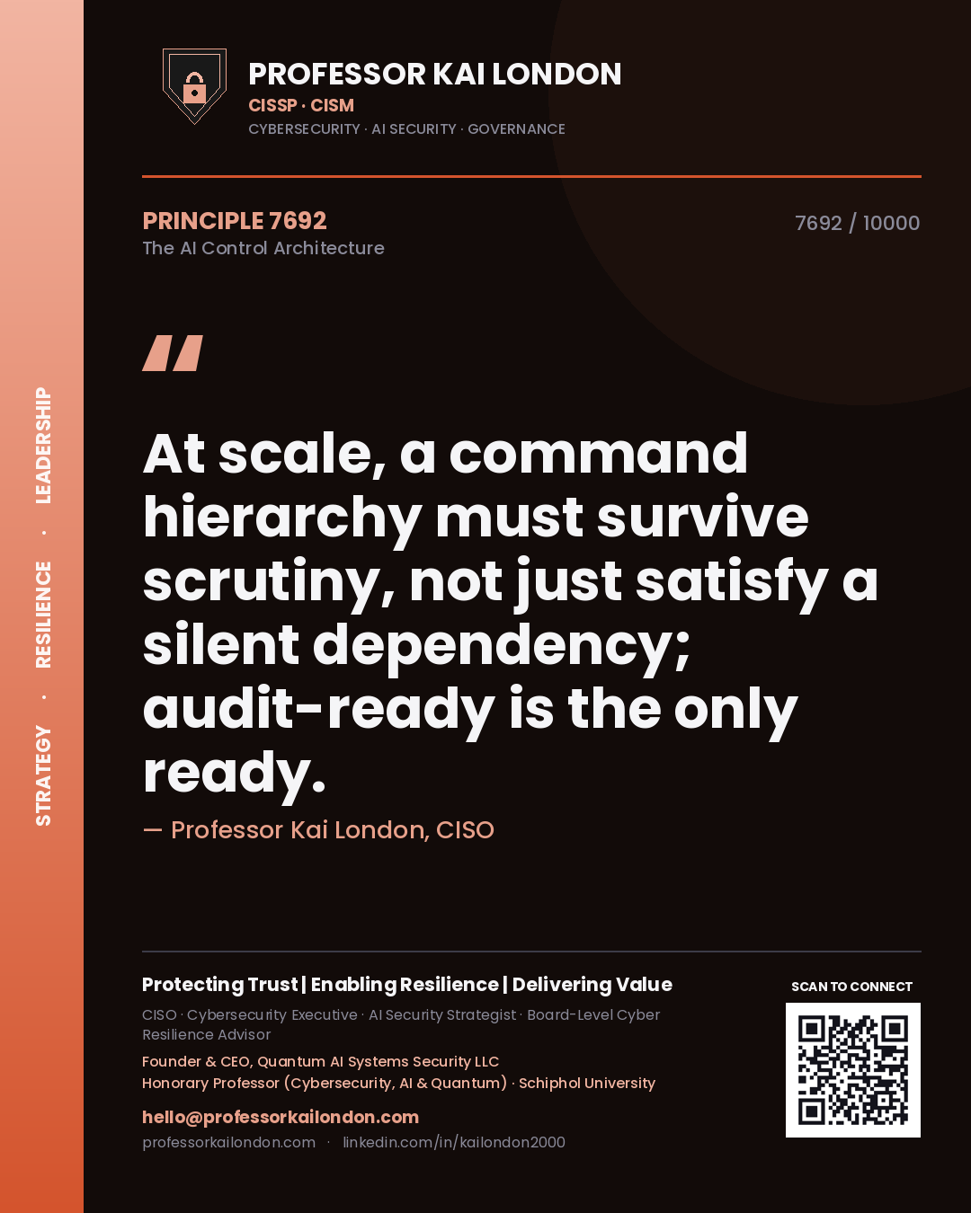 Quote card by Professor Kai London reading 'At scale, a command hierarchy must survive scrutiny, not just satisfy a silent dependency; audit-ready is the only ready.'. From the book The AI Control Architecture.
