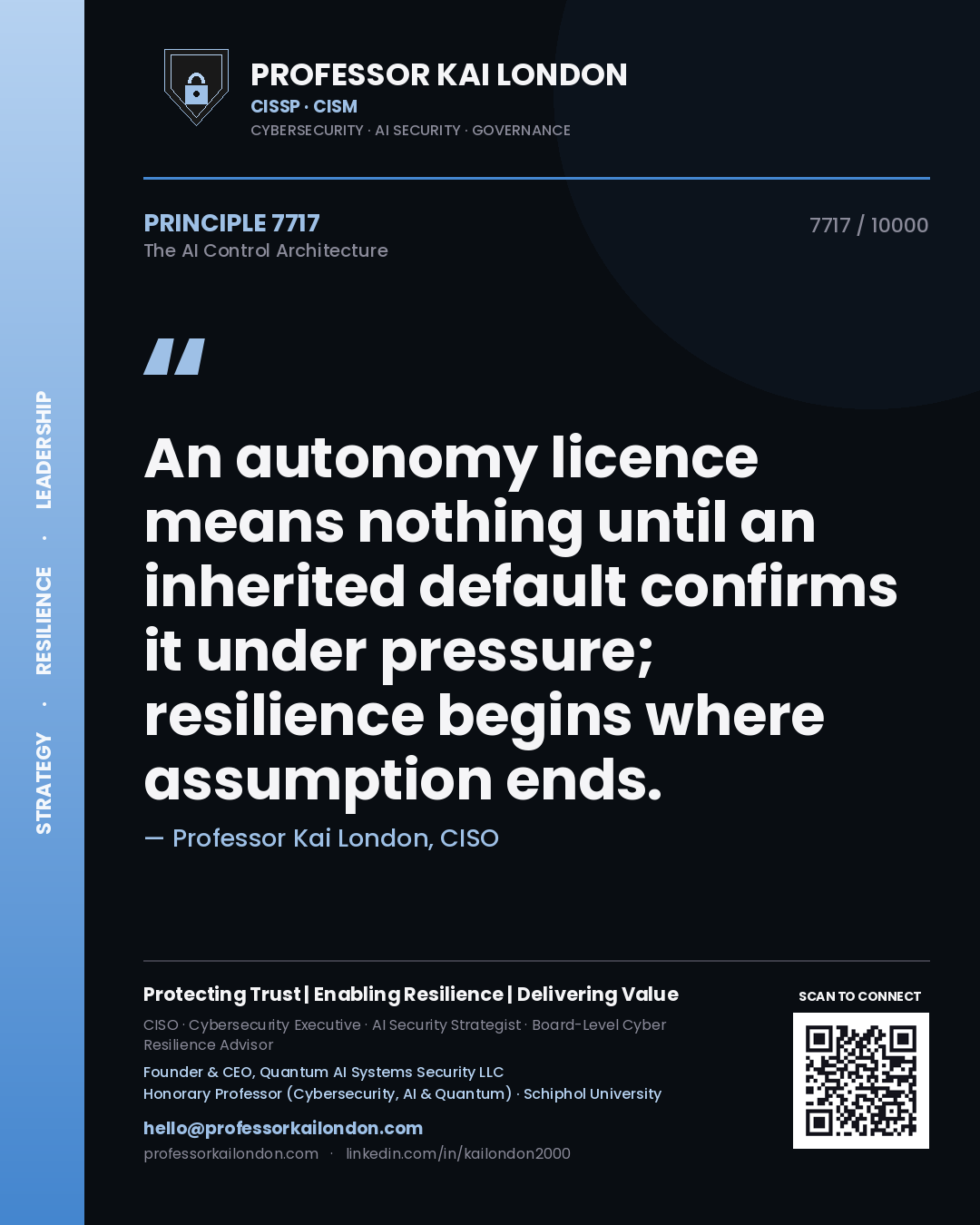 Quote card by Professor Kai London reading 'An autonomy licence means nothing until an inherited default confirms it under pressure; resilience begins where assumption ends.'. From the book The AI Control Architecture.