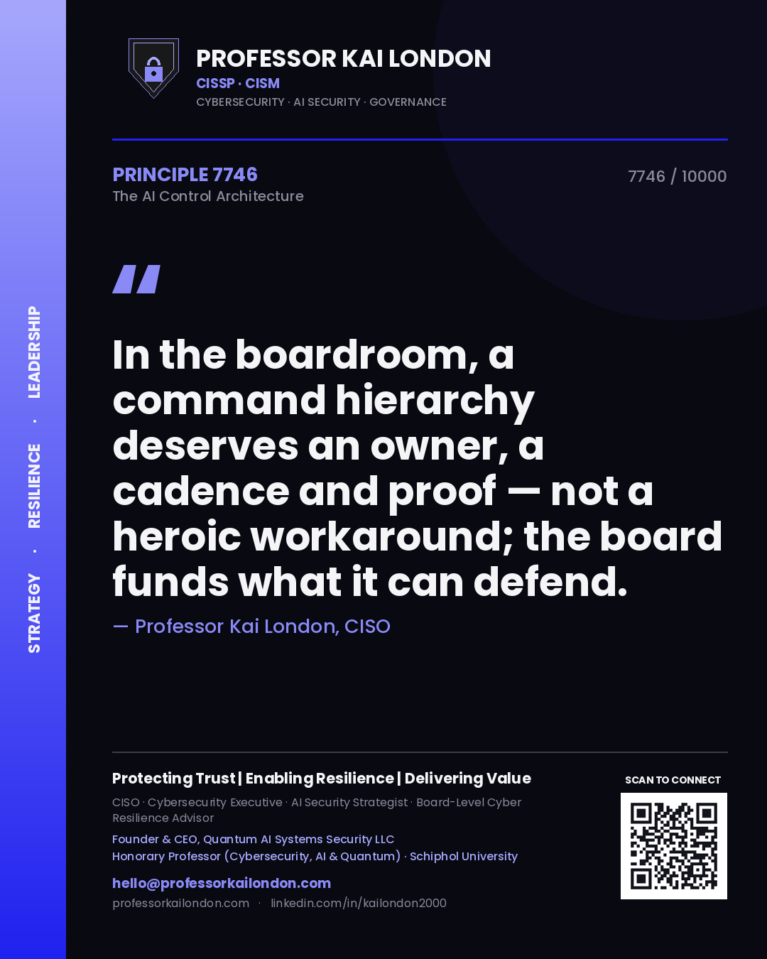 Quote card by Professor Kai London reading 'In the boardroom, a command hierarchy deserves an owner, a cadence and proof — not a heroic workaround; the board funds what it can defend.'. From the book The AI Control Architecture.