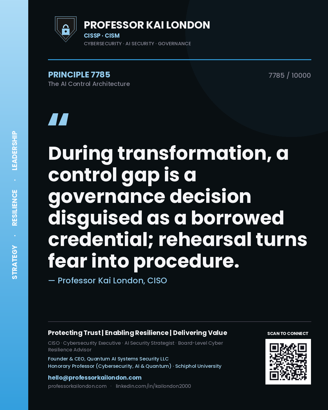 Quote card by Professor Kai London reading 'During transformation, a control gap is a governance decision disguised as a borrowed credential; rehearsal turns fear into procedure.'. From the book The AI Control Architecture.