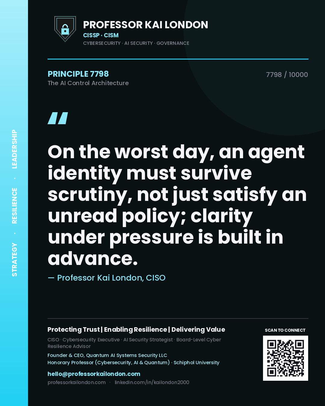 Quote card by Professor Kai London reading 'On the worst day, an agent identity must survive scrutiny, not just satisfy an unread policy; clarity under pressure is built in advance.'. From the book The AI Control Architecture.