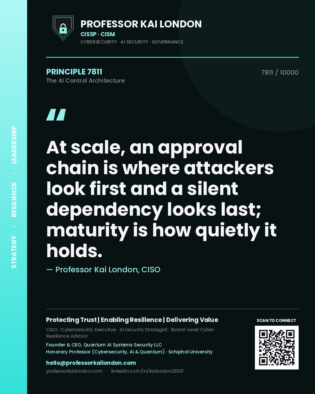 Quote card by Professor Kai London reading 'At scale, an approval chain is where attackers look first and a silent dependency looks last; maturity is how quietly it holds.'. From the book The AI Control Architecture.