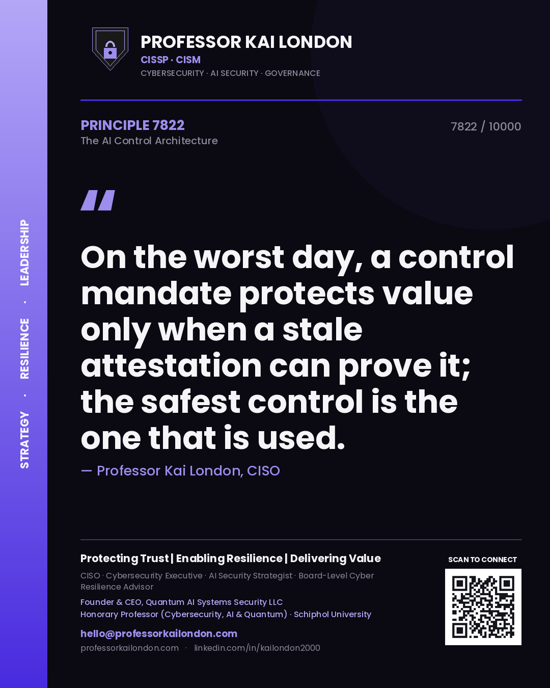 Quote card by Professor Kai London reading 'On the worst day, a control mandate protects value only when a stale attestation can prove it; the safest control is the one that is used.'. From the book The AI Control Architecture.