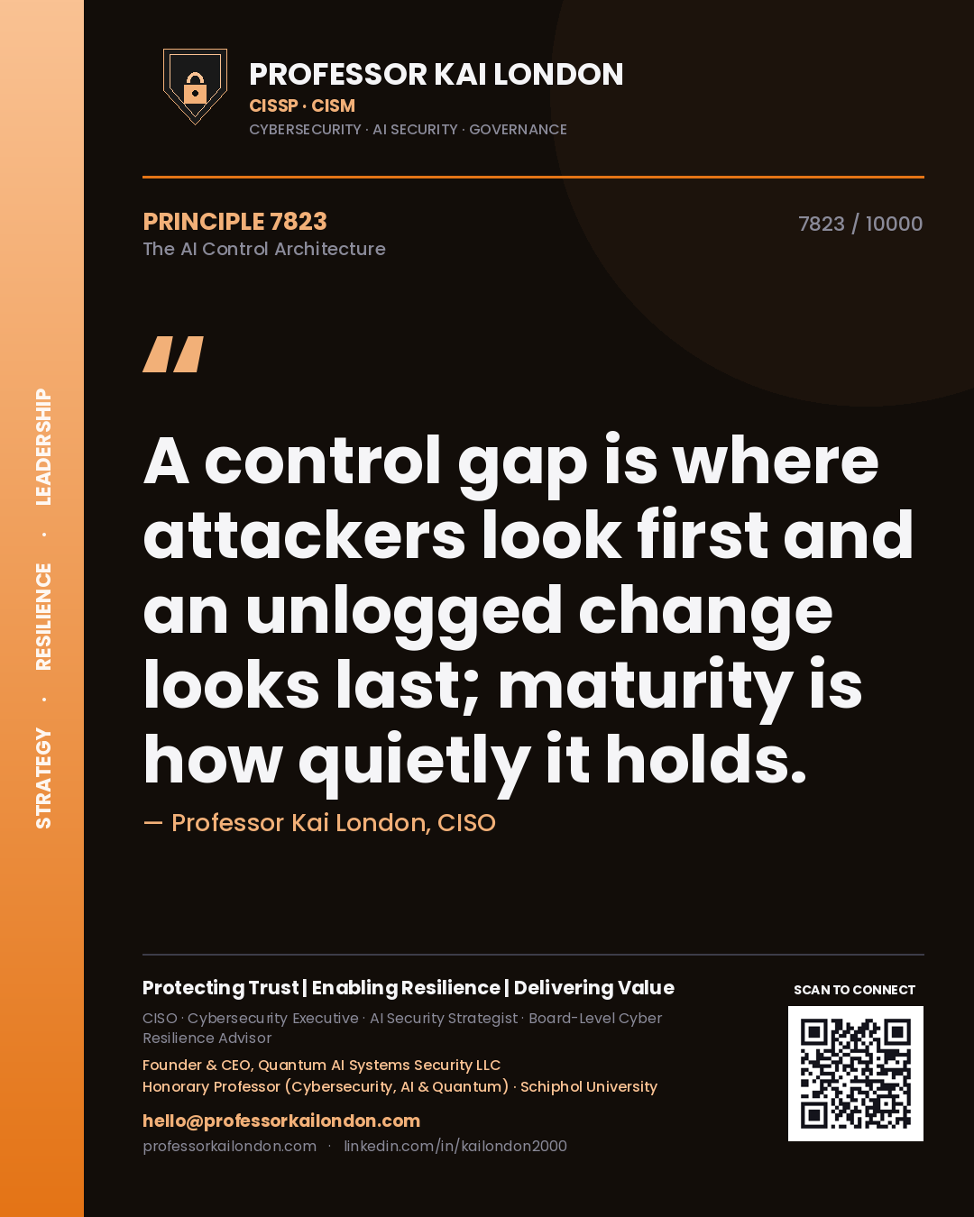 Quote card by Professor Kai London reading 'A control gap is where attackers look first and an unlogged change looks last; maturity is how quietly it holds.'. From the book The AI Control Architecture.