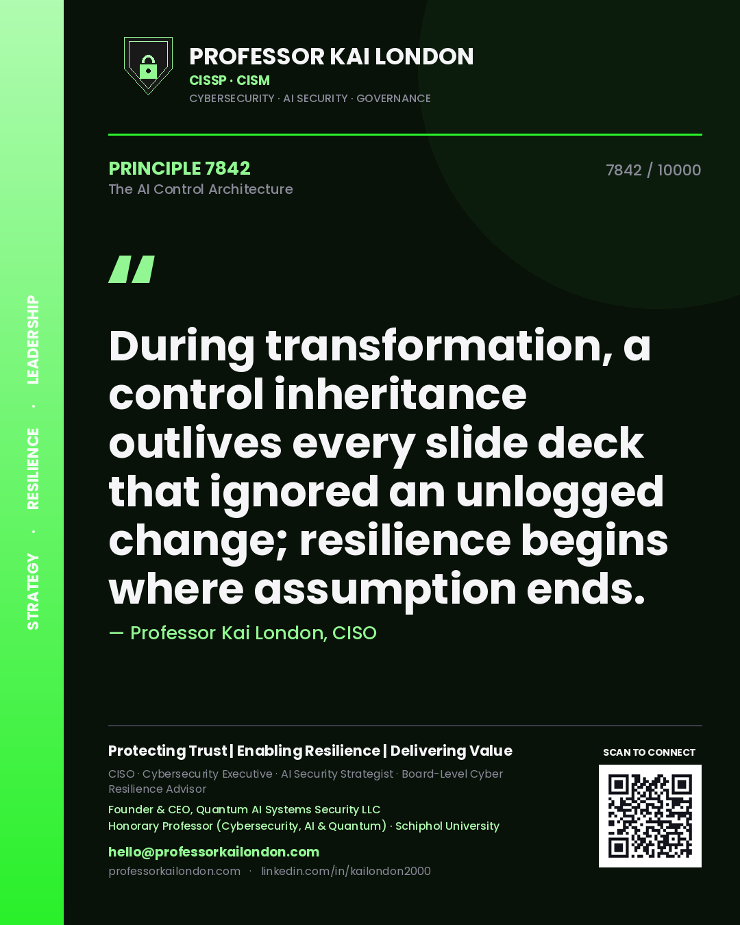 Quote card by Professor Kai London reading 'During transformation, a control inheritance outlives every slide deck that ignored an unlogged change; resilience begins where assumption ends.'. From the book The AI Control Architecture.