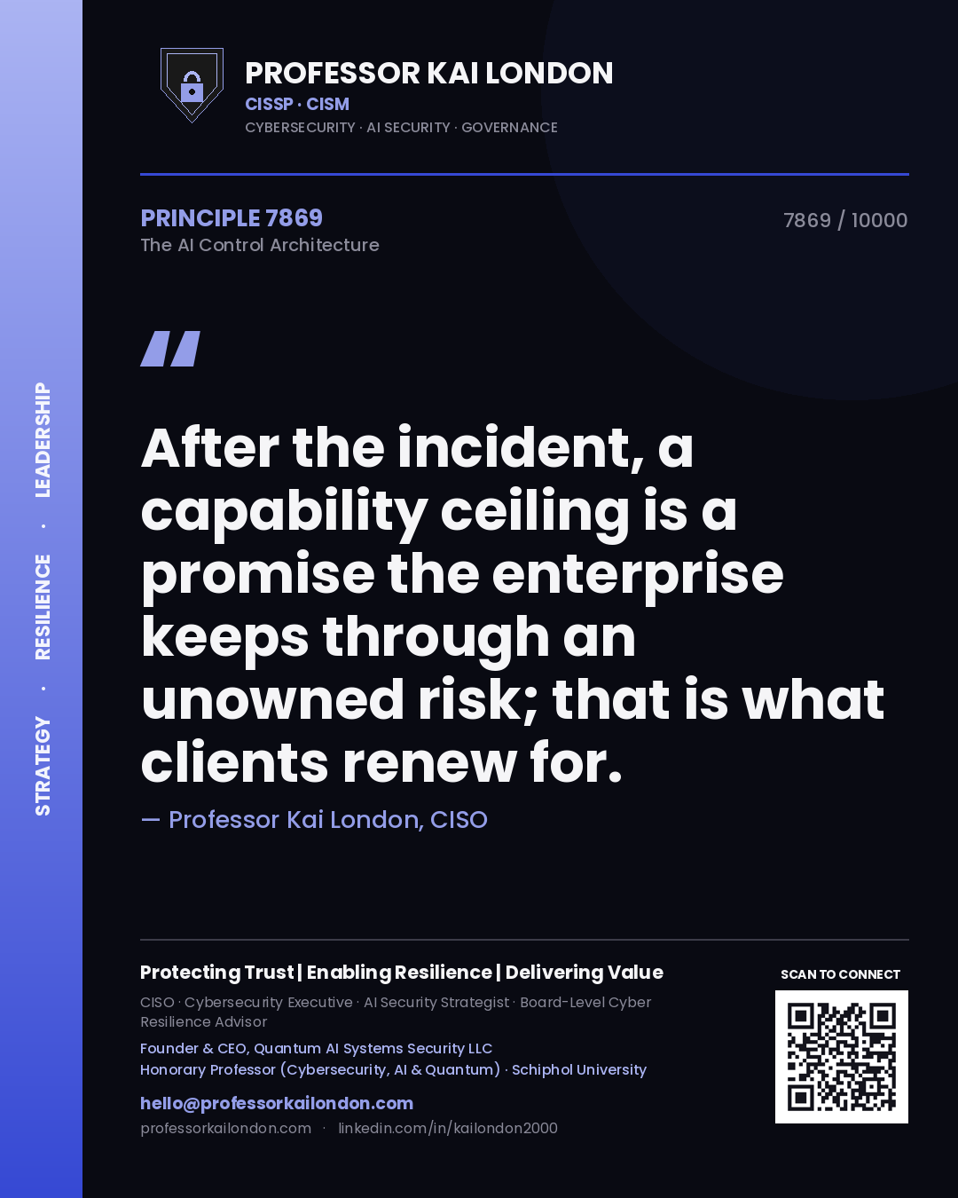 Quote card by Professor Kai London reading 'After the incident, a capability ceiling is a promise the enterprise keeps through an unowned risk; that is what clients renew for.'. From the book The AI Control Architecture.