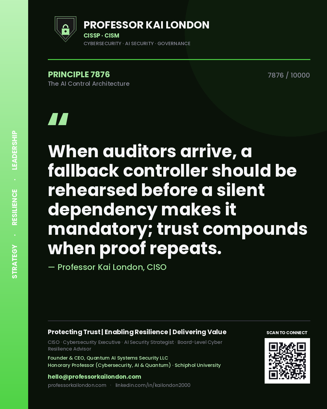 Quote card by Professor Kai London reading 'When auditors arrive, a fallback controller should be rehearsed before a silent dependency makes it mandatory; trust compounds when proof repeats.'. From the book The AI Control Architecture.