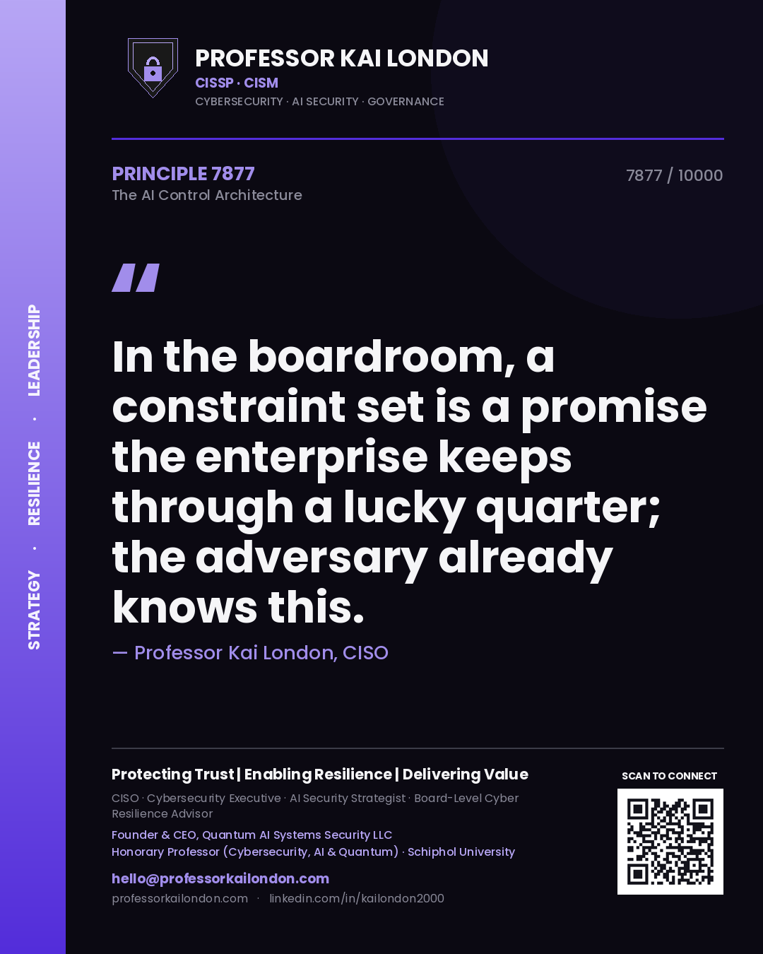 Quote card by Professor Kai London reading 'In the boardroom, a constraint set is a promise the enterprise keeps through a lucky quarter; the adversary already knows this.'. From the book The AI Control Architecture.
