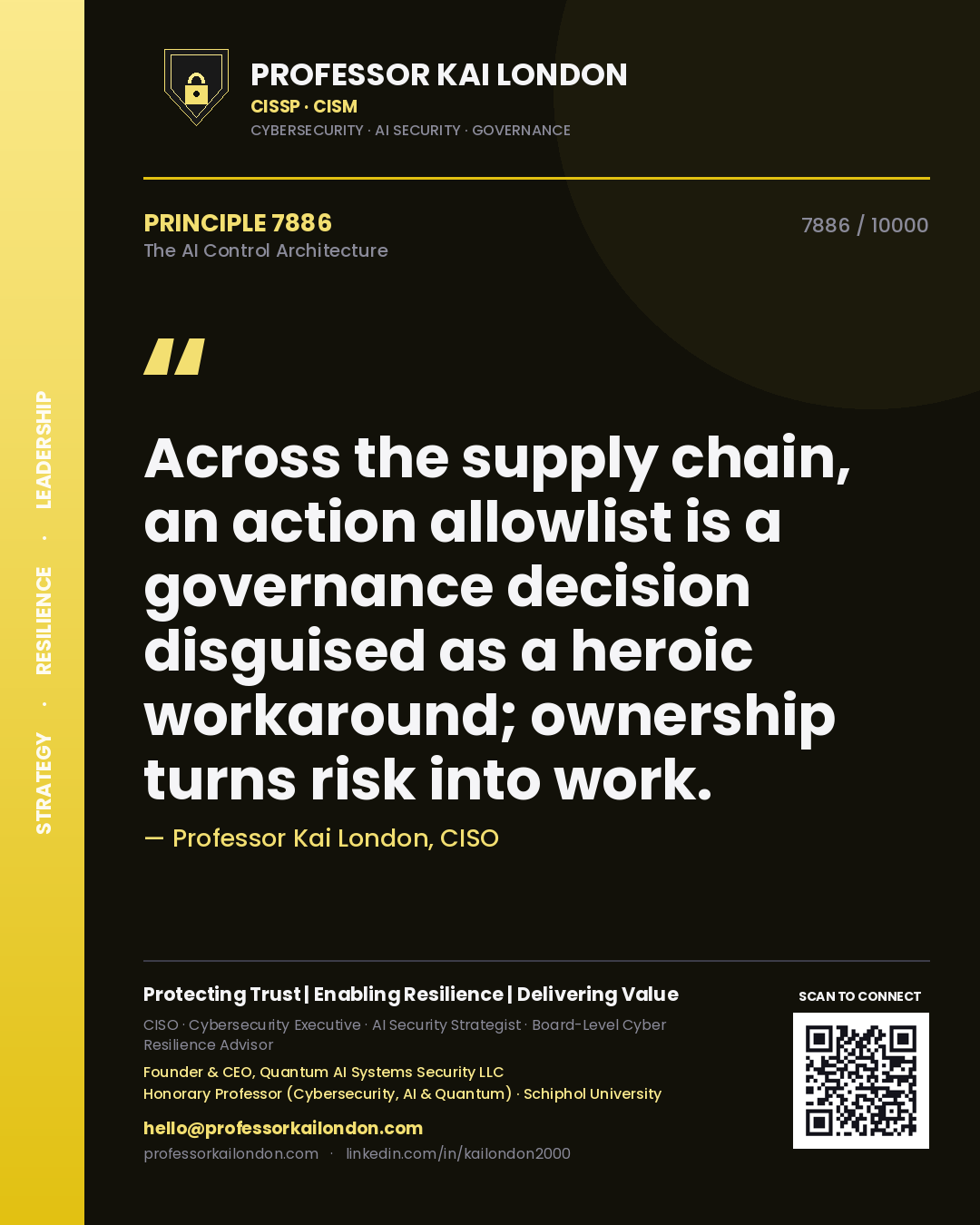Quote card by Professor Kai London reading 'Across the supply chain, an action allowlist is a governance decision disguised as a heroic workaround; ownership turns risk into work.'. From the book The AI Control Architecture.