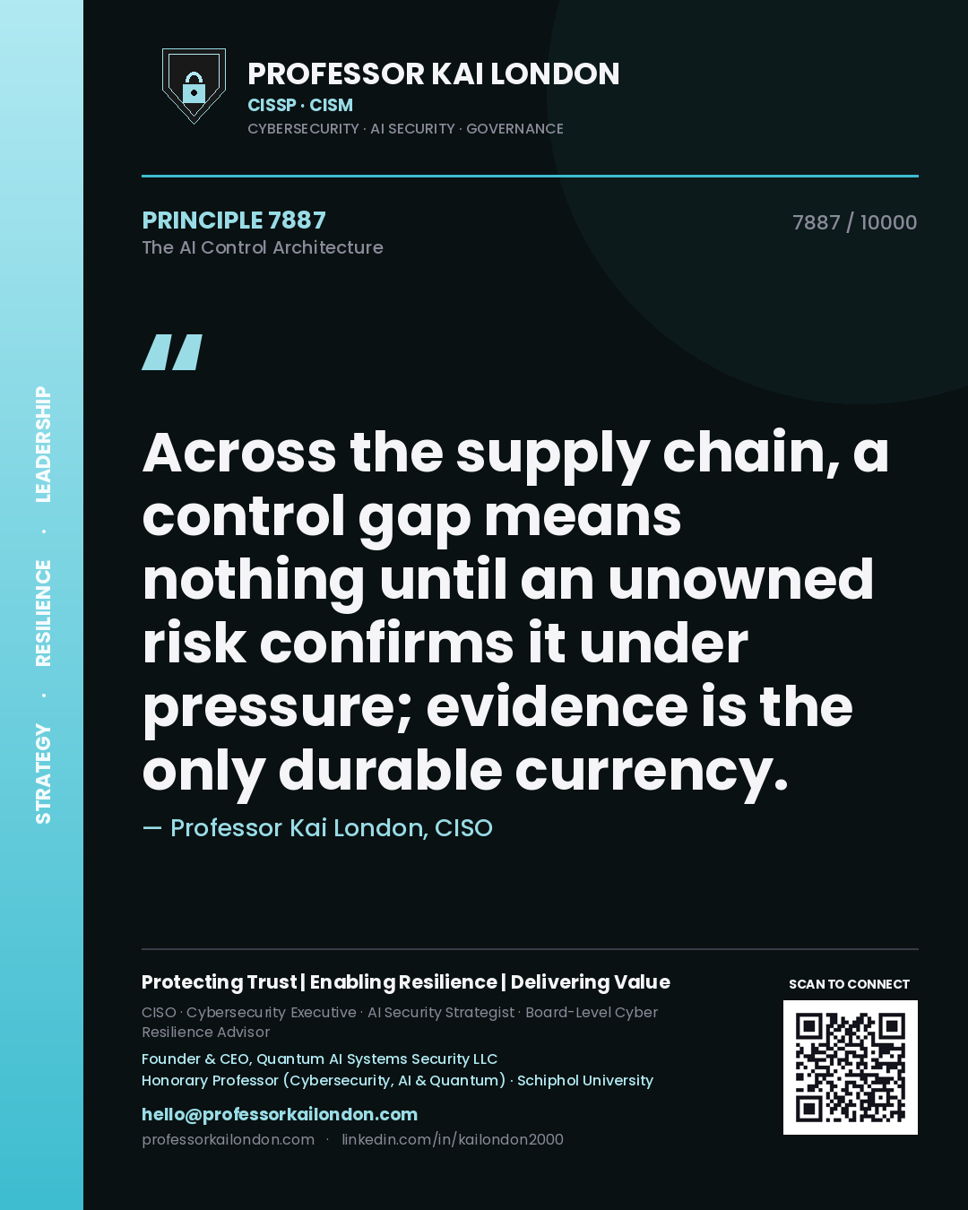 Quote card by Professor Kai London reading 'Across the supply chain, a control gap means nothing until an unowned risk confirms it under pressure; evidence is the only durable currency.'. From the book The AI Control Architecture.