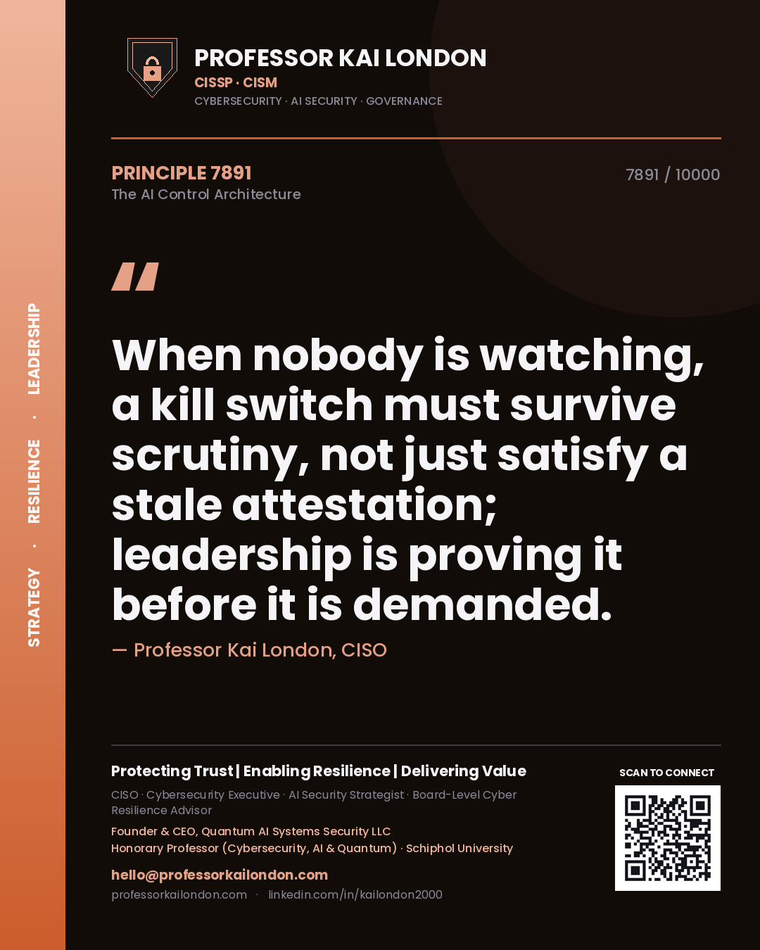 Quote card by Professor Kai London reading 'When nobody is watching, a kill switch must survive scrutiny, not just satisfy a stale attestation; leadership is proving it before it is demanded.'. From the book The AI Control Architecture.
