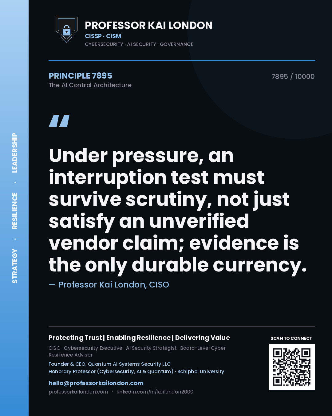 Quote card by Professor Kai London reading 'Under pressure, an interruption test must survive scrutiny, not just satisfy an unverified vendor claim; evidence is the only durable currency.'. From the book The AI Control Architecture.
