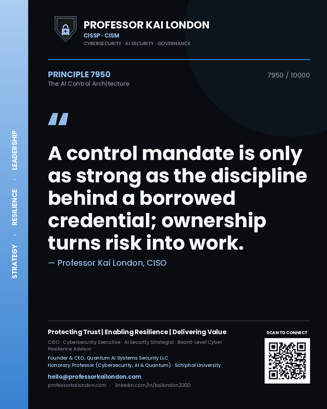 Quote card by Professor Kai London reading 'A control mandate is only as strong as the discipline behind a borrowed credential; ownership turns risk into work.'. From the book The AI Control Architecture.
