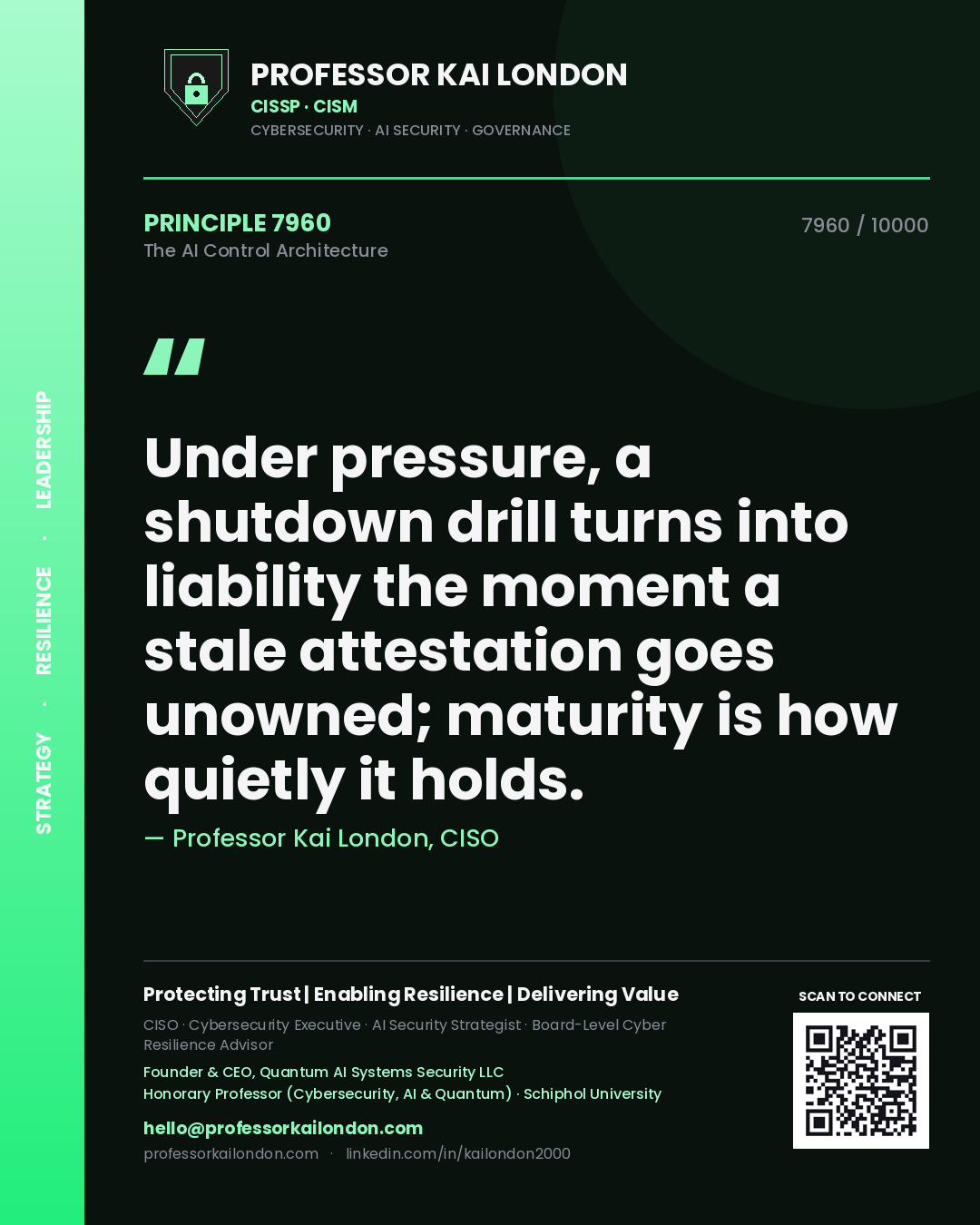Professor Kai London principle 7960: Under pressure, a shutdown drill turns into liability the moment a stale attestation goes unowned; maturity is how quietly it holds.