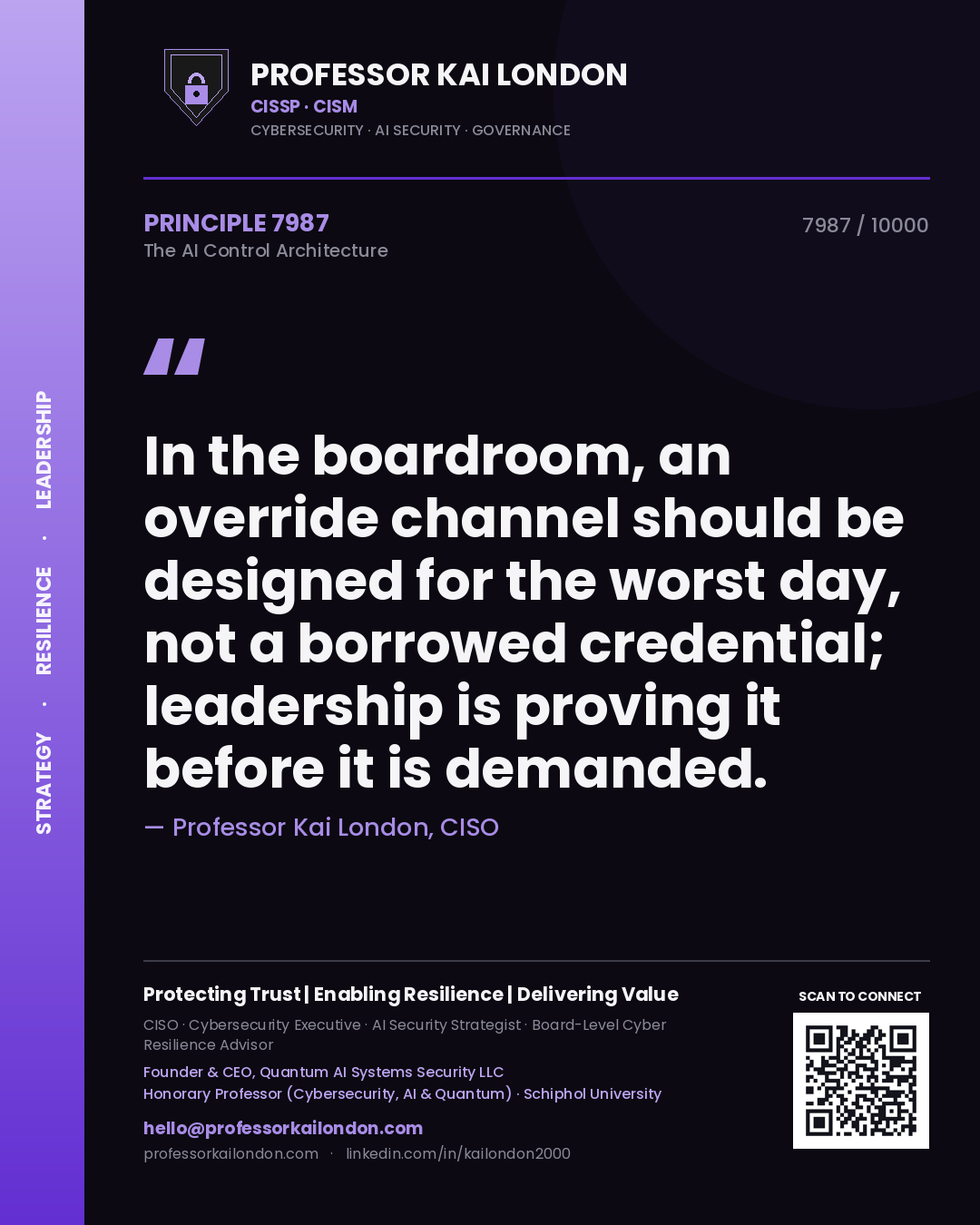 Quote card by Professor Kai London reading 'In the boardroom, an override channel should be designed for the worst day, not a borrowed credential; leadership is proving it before it is demanded.'. From the book The AI Control Architecture.
