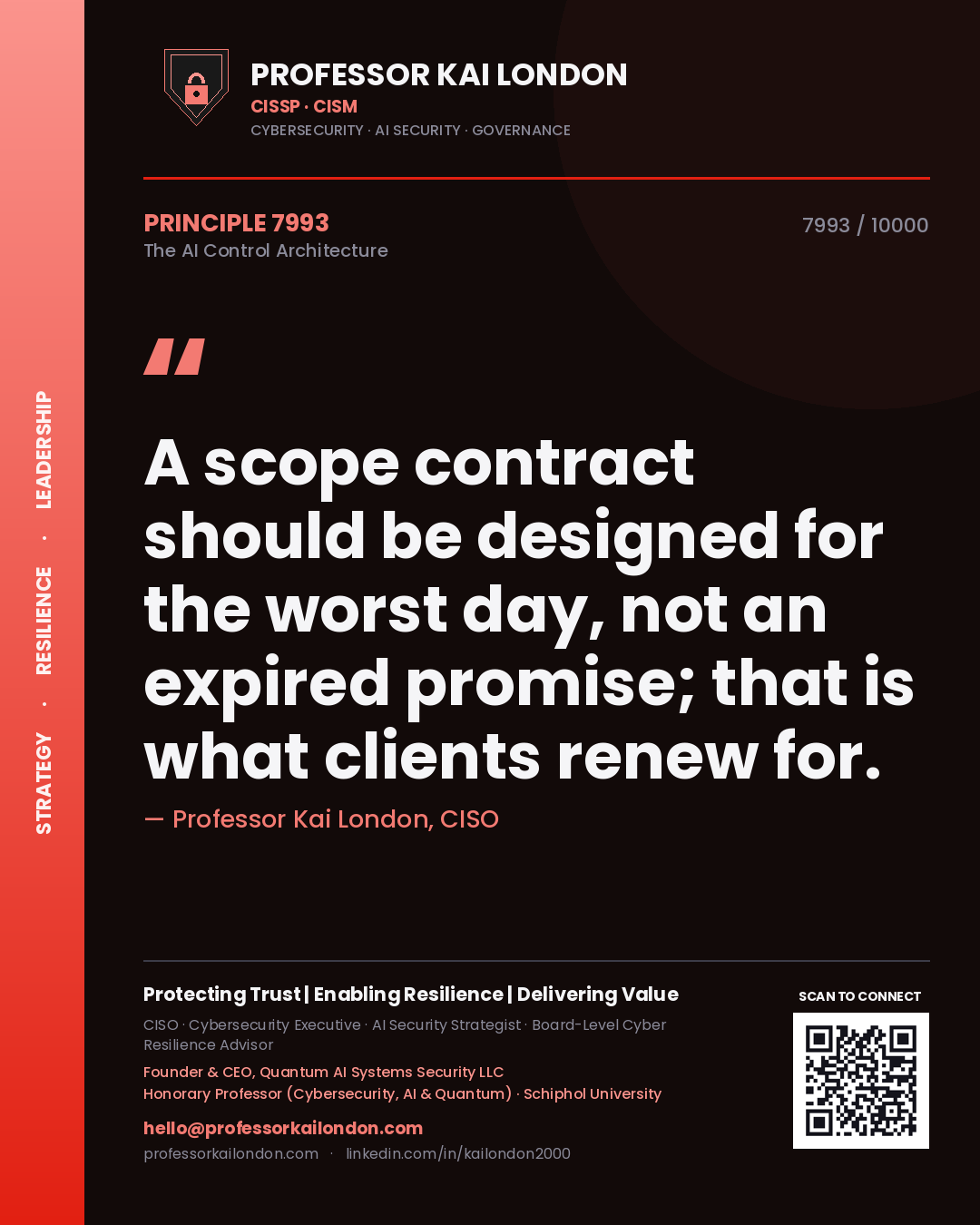Quote card by Professor Kai London reading 'A scope contract should be designed for the worst day, not an expired promise; that is what clients renew for.'. From the book The AI Control Architecture.