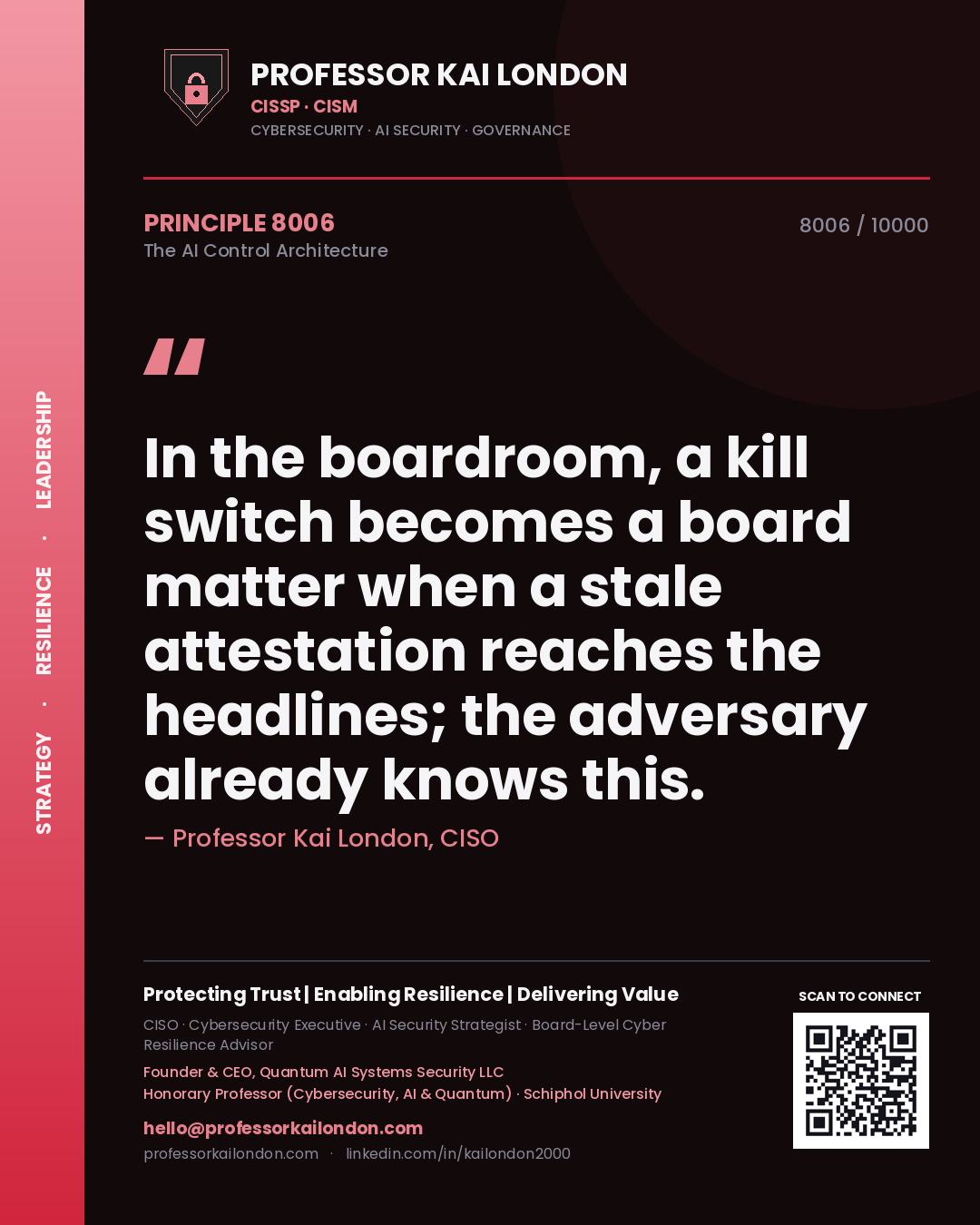 Quote card by Professor Kai London reading 'In the boardroom, a kill switch becomes a board matter when a stale attestation reaches the headlines; the adversary already knows this.'. From the book The AI Control Architecture.