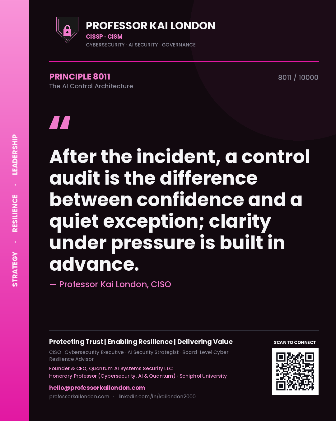 Quote card by Professor Kai London reading 'After the incident, a control audit is the difference between confidence and a quiet exception; clarity under pressure is built in advance.'. From the book The AI Control Architecture.