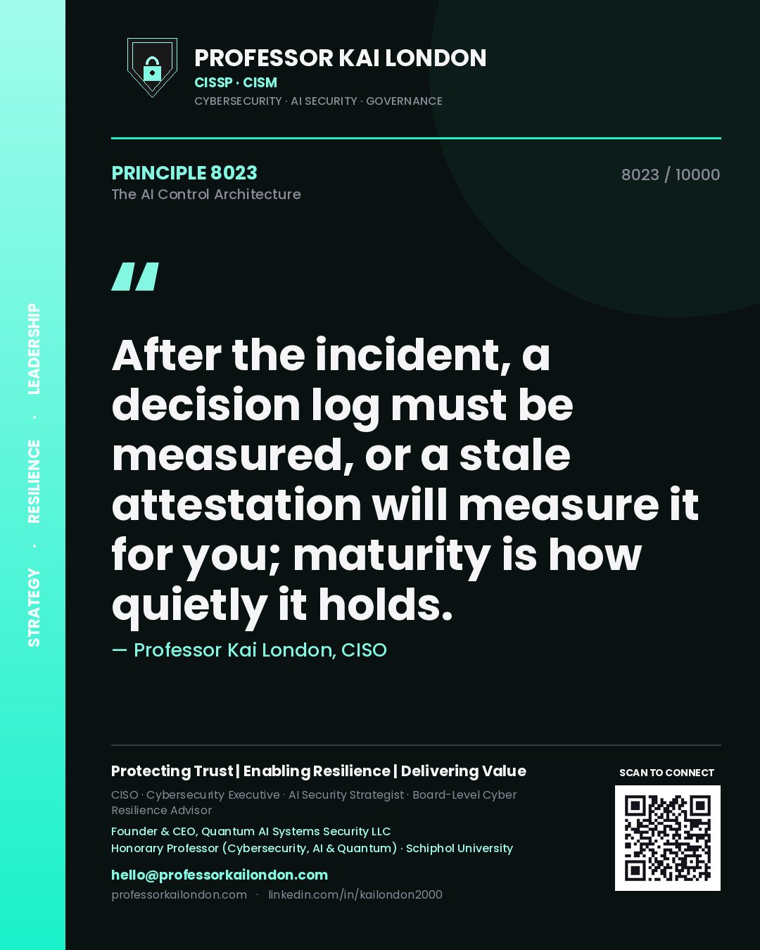 Quote card by Professor Kai London reading 'After the incident, a decision log must be measured, or a stale attestation will measure it for you; maturity is how quietly it holds.'. From the book The AI Control Architecture.