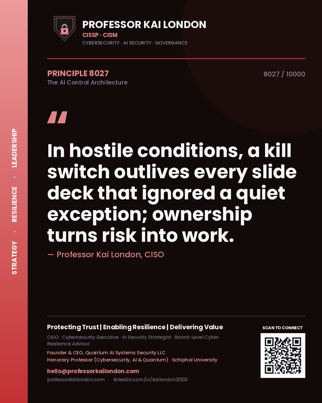 Quote card by Professor Kai London reading 'In hostile conditions, a kill switch outlives every slide deck that ignored a quiet exception; ownership turns risk into work.'. From the book The AI Control Architecture.