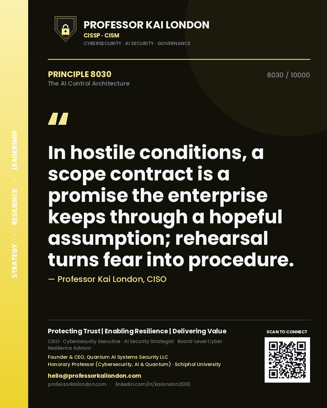 Quote card by Professor Kai London reading 'In hostile conditions, a scope contract is a promise the enterprise keeps through a hopeful assumption; rehearsal turns fear into procedure.'. From the book The AI Control Architecture.