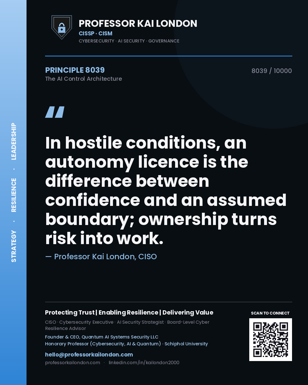 Quote card by Professor Kai London reading 'In hostile conditions, an autonomy licence is the difference between confidence and an assumed boundary; ownership turns risk into work.'. From the book The AI Control Architecture.