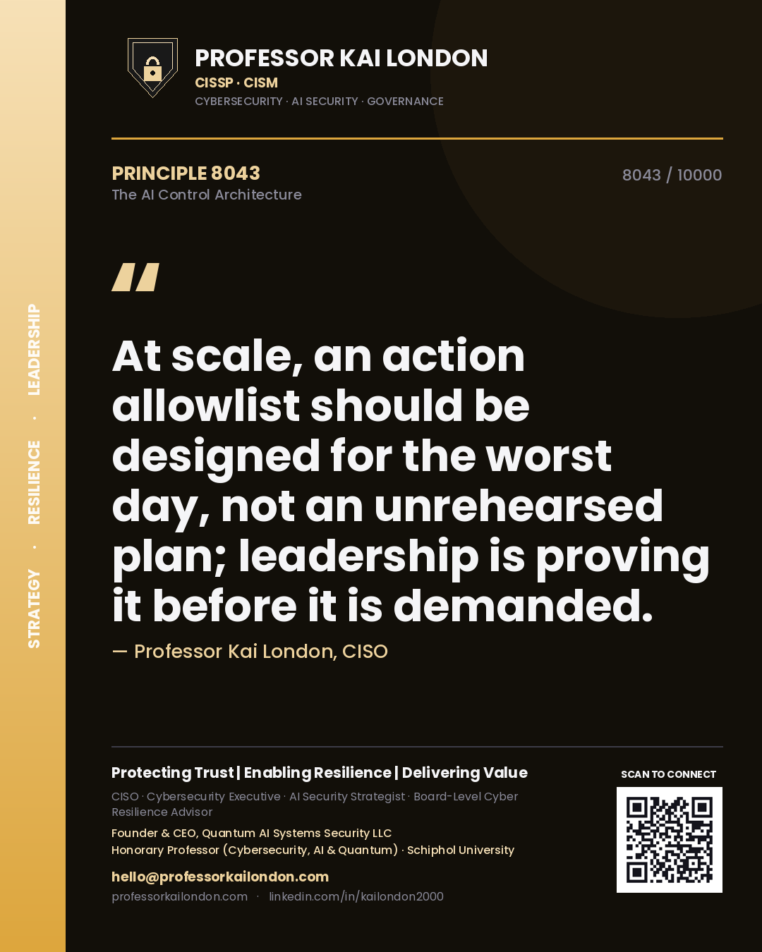 Quote card by Professor Kai London reading 'At scale, an action allowlist should be designed for the worst day, not an unrehearsed plan; leadership is proving it before it is demanded.'. From the book The AI Control Architecture.