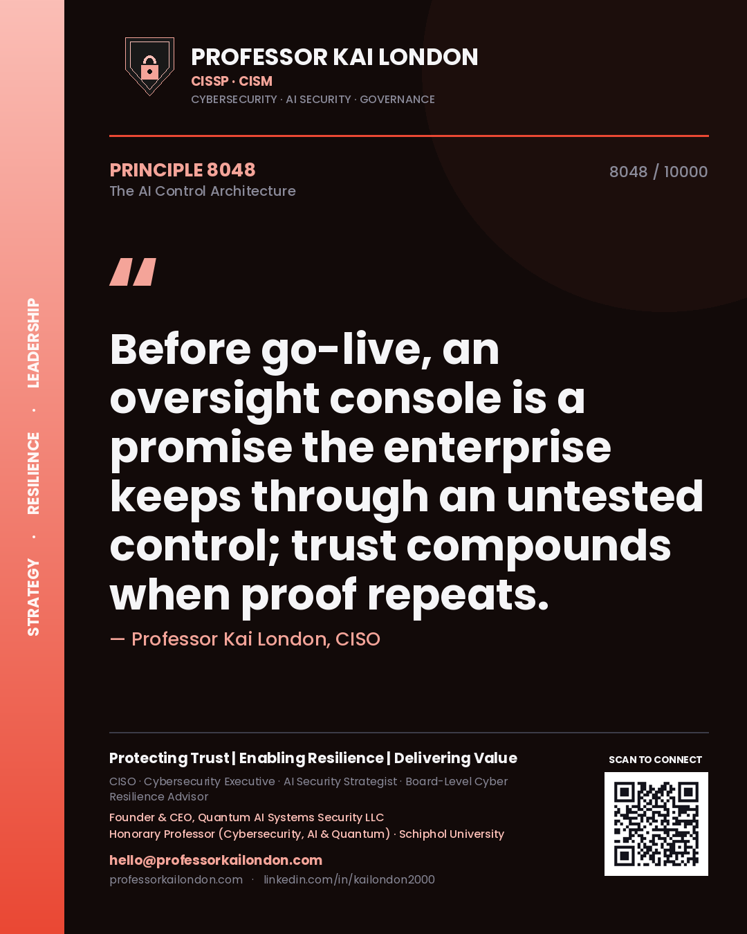 Quote card by Professor Kai London reading 'Before go-live, an oversight console is a promise the enterprise keeps through an untested control; trust compounds when proof repeats.'. From the book The AI Control Architecture.