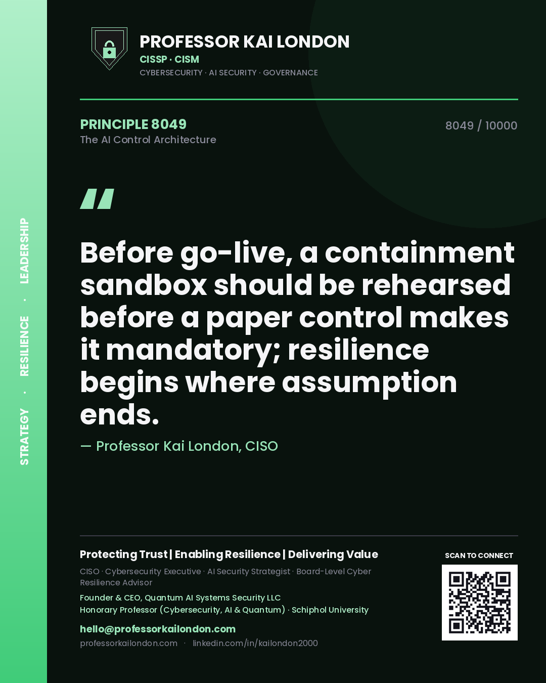 Quote card by Professor Kai London reading 'Before go-live, a containment sandbox should be rehearsed before a paper control makes it mandatory; resilience begins where assumption ends.'. From the book The AI Control Architecture.