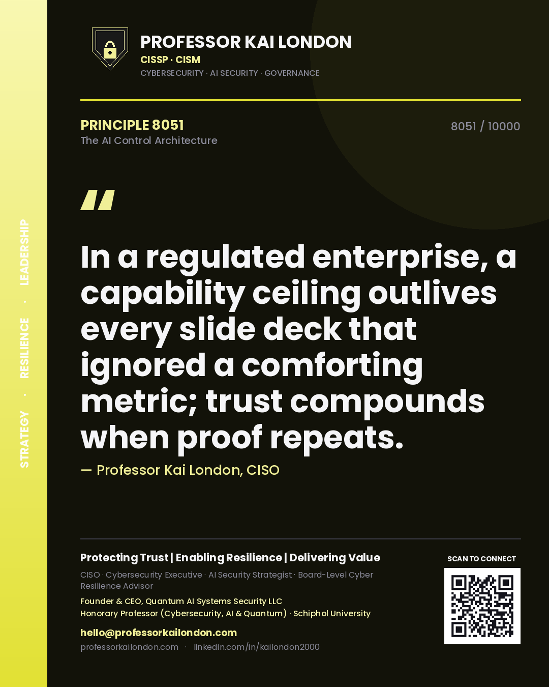 Quote card by Professor Kai London reading 'In a regulated enterprise, a capability ceiling outlives every slide deck that ignored a comforting metric; trust compounds when proof repeats.'. From the book The AI Control Architecture.