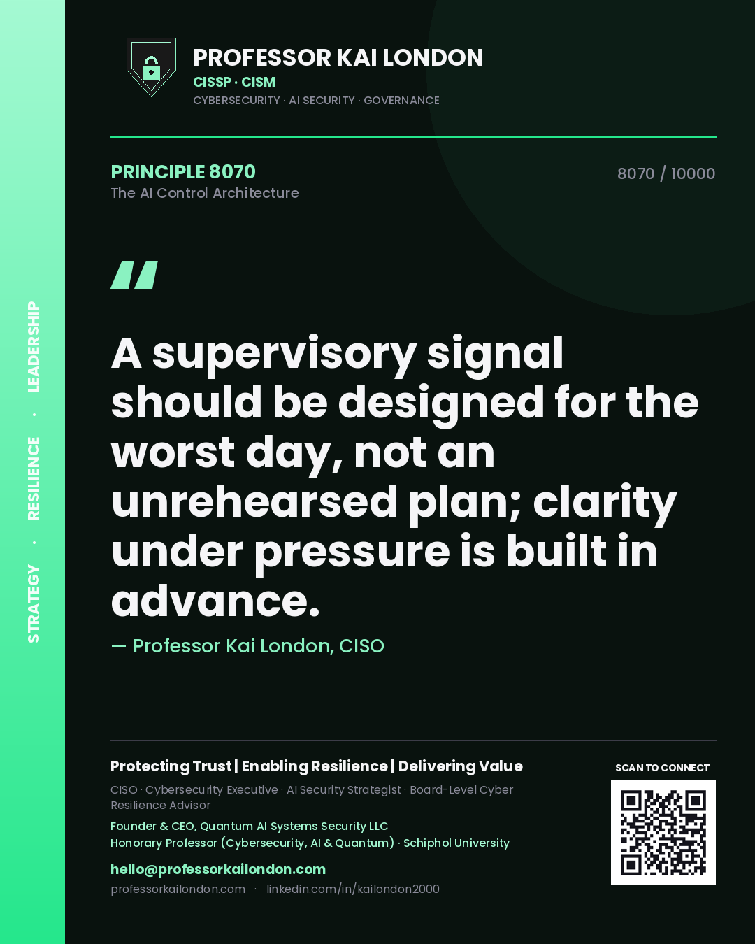 Quote card by Professor Kai London reading 'A supervisory signal should be designed for the worst day, not an unrehearsed plan; clarity under pressure is built in advance.'. From the book The AI Control Architecture.