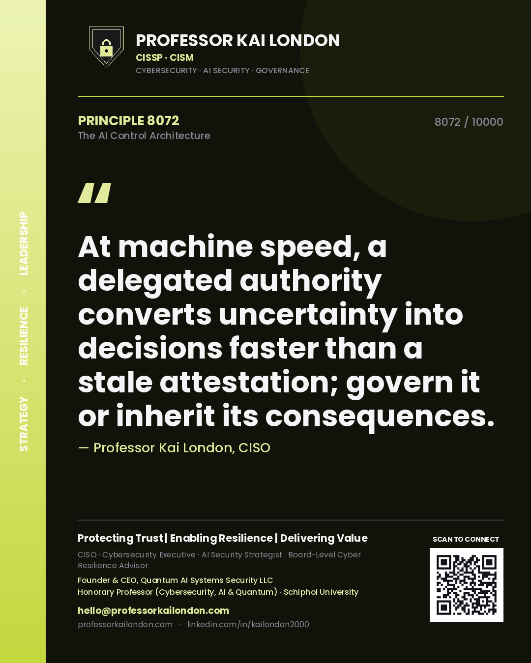 Quote card by Professor Kai London reading 'At machine speed, a delegated authority converts uncertainty into decisions faster than a stale attestation; govern it or inherit its consequences.'. From the book The AI Control Architecture.