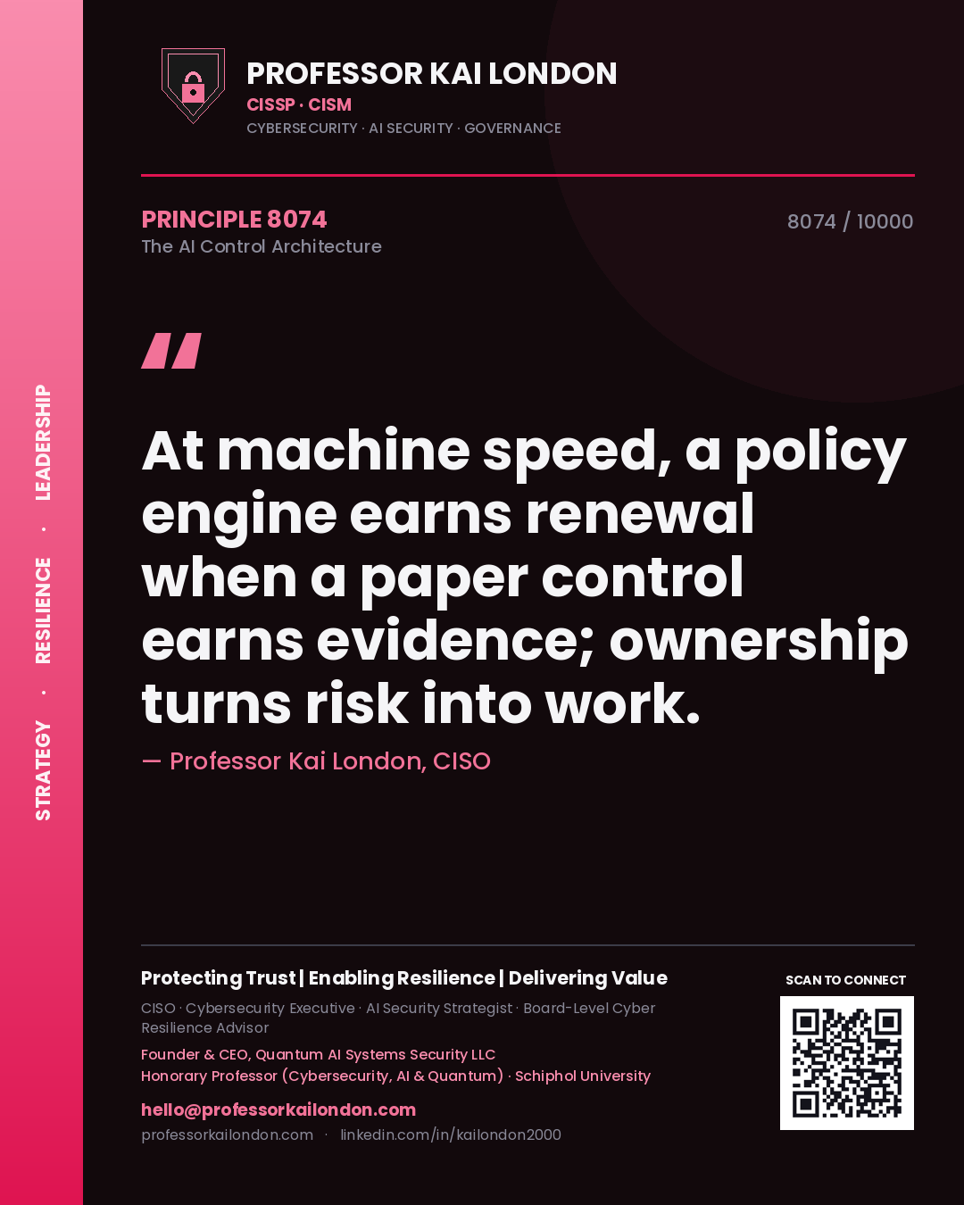 Quote card by Professor Kai London reading 'At machine speed, a policy engine earns renewal when a paper control earns evidence; ownership turns risk into work.'. From the book The AI Control Architecture.