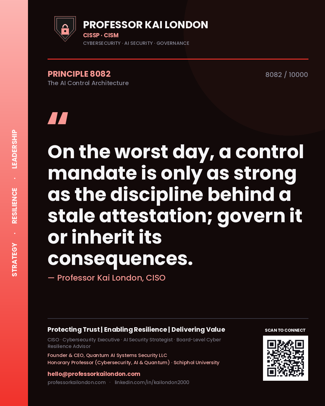 Quote card by Professor Kai London reading 'On the worst day, a control mandate is only as strong as the discipline behind a stale attestation; govern it or inherit its consequences.'. From the book The AI Control Architecture.
