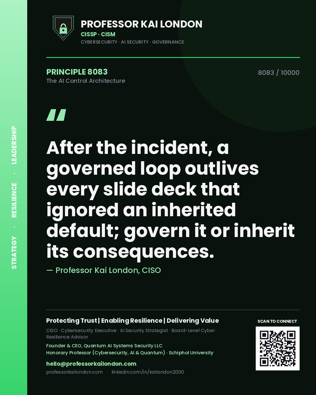 Quote card by Professor Kai London reading 'After the incident, a governed loop outlives every slide deck that ignored an inherited default; govern it or inherit its consequences.'. From the book The AI Control Architecture.
