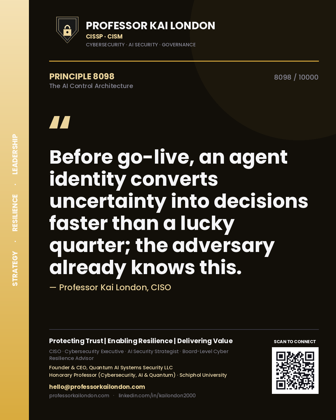 Quote card by Professor Kai London reading 'Before go-live, an agent identity converts uncertainty into decisions faster than a lucky quarter; the adversary already knows this.'. From the book The AI Control Architecture.