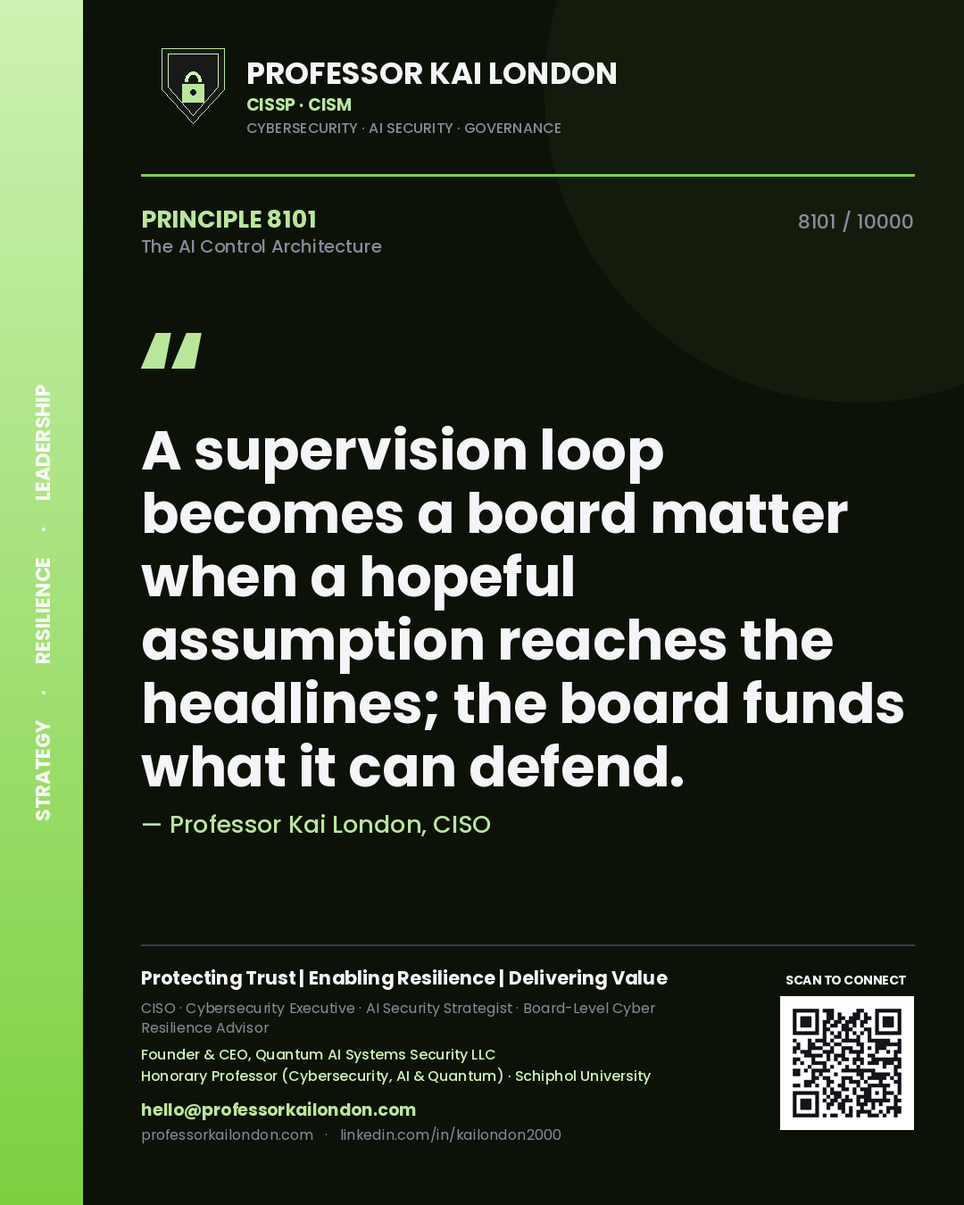Professor Kai London principle 8101: A supervision loop becomes a board matter when a hopeful assumption reaches the headlines; the board funds what it can defend.