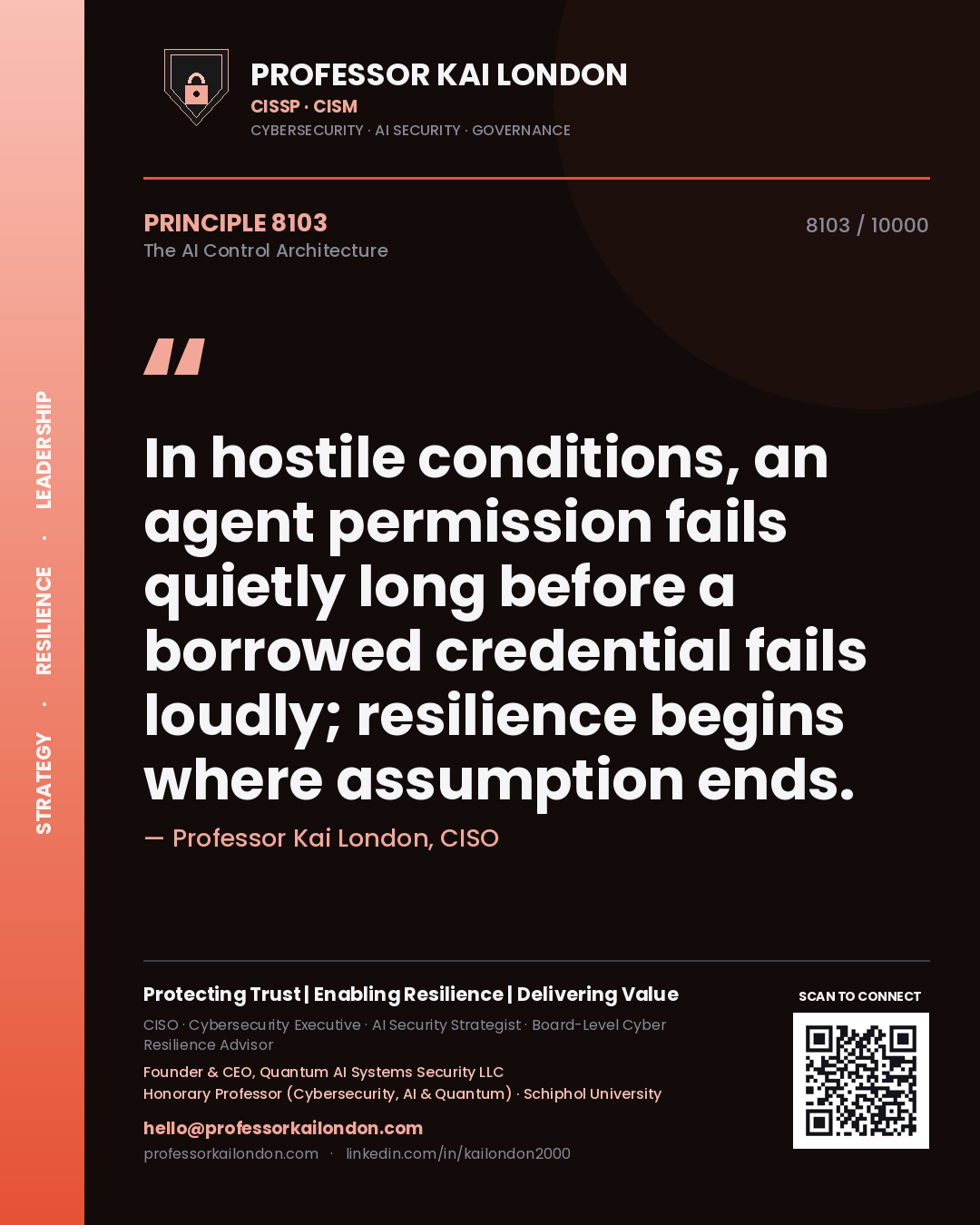Professor Kai London principle 8103: In hostile conditions, an agent permission fails quietly long before a borrowed credential fails loudly; resilience begins where assumption ends.