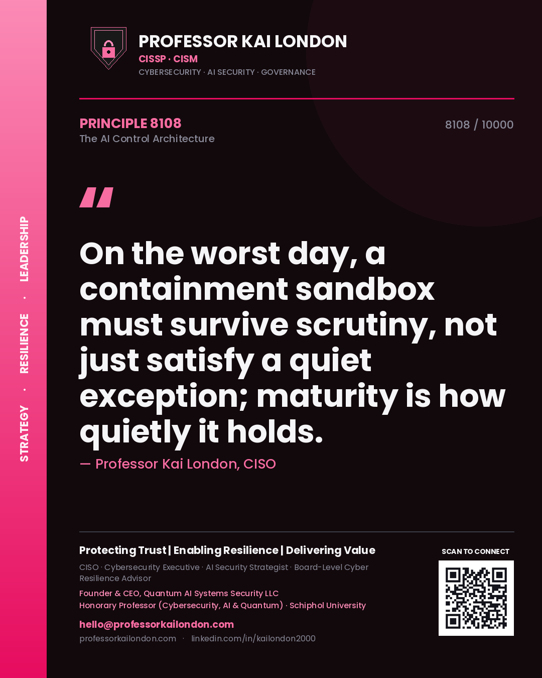 Quote card by Professor Kai London reading 'On the worst day, a containment sandbox must survive scrutiny, not just satisfy a quiet exception; maturity is how quietly it holds.'. From the book The AI Control Architecture.