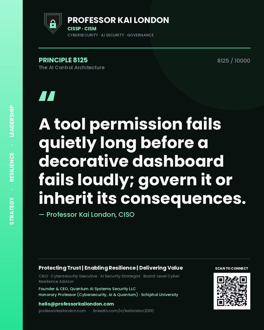 Quote card by Professor Kai London reading 'A tool permission fails quietly long before a decorative dashboard fails loudly; govern it or inherit its consequences.'. From the book The AI Control Architecture.