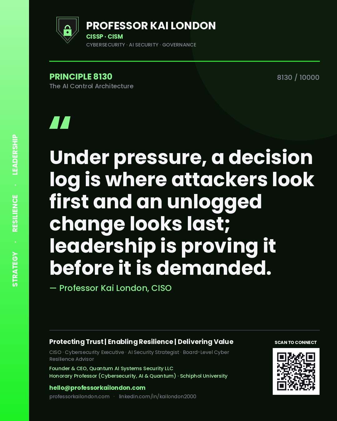 Quote card by Professor Kai London reading 'Under pressure, a decision log is where attackers look first and an unlogged change looks last; leadership is proving it before it is demanded.'. From the book The AI Control Architecture.