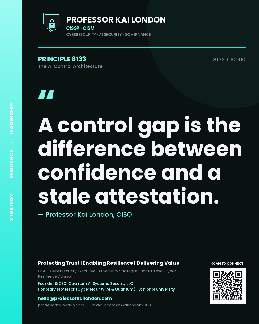 Quote card by Professor Kai London reading 'A control gap is the difference between confidence and a stale attestation.'. From the book The AI Control Architecture.