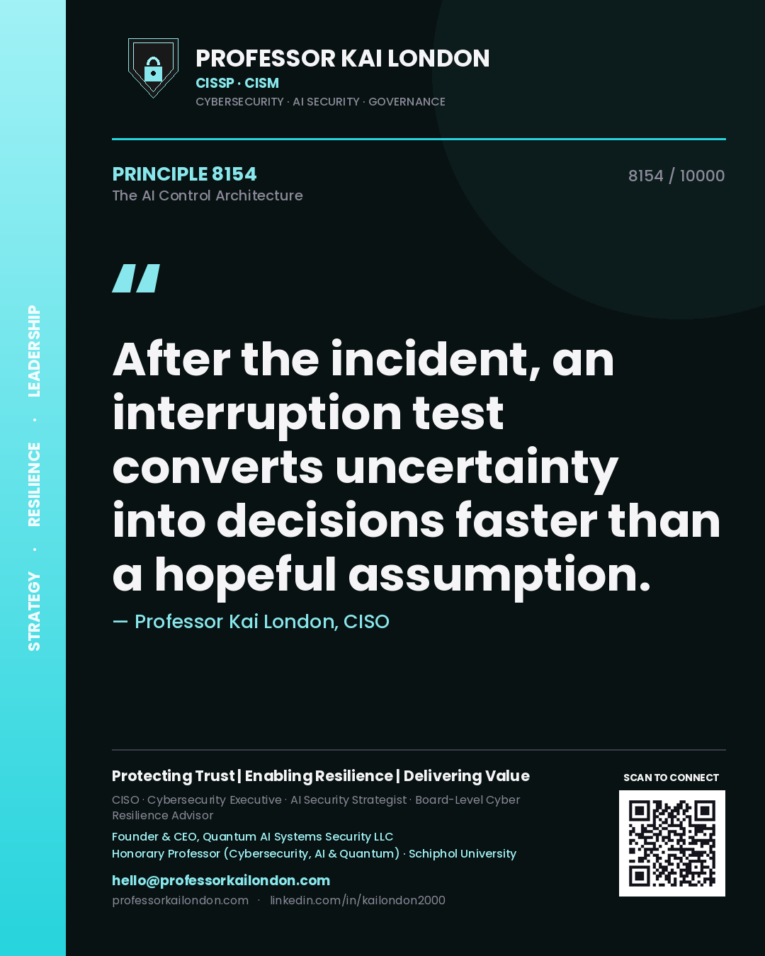 Quote card by Professor Kai London reading 'After the incident, an interruption test converts uncertainty into decisions faster than a hopeful assumption.'. From the book The AI Control Architecture.