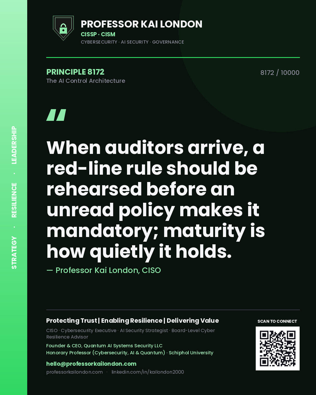 Quote card by Professor Kai London reading 'When auditors arrive, a red-line rule should be rehearsed before an unread policy makes it mandatory; maturity is how quietly it holds.'. From the book The AI Control Architecture.