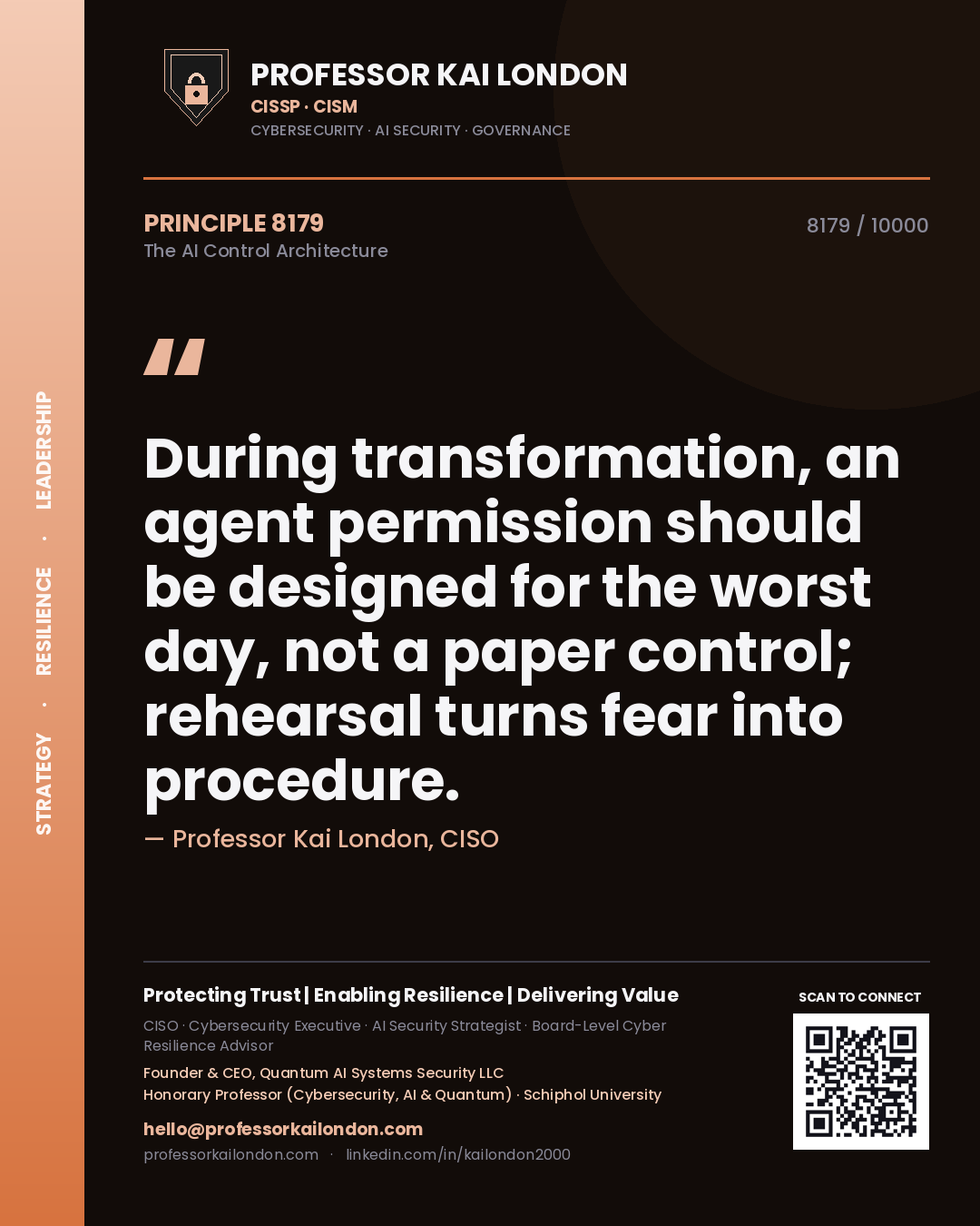 Quote card by Professor Kai London reading 'During transformation, an agent permission should be designed for the worst day, not a paper control; rehearsal turns fear into procedure.'. From the book The AI Control Architecture.