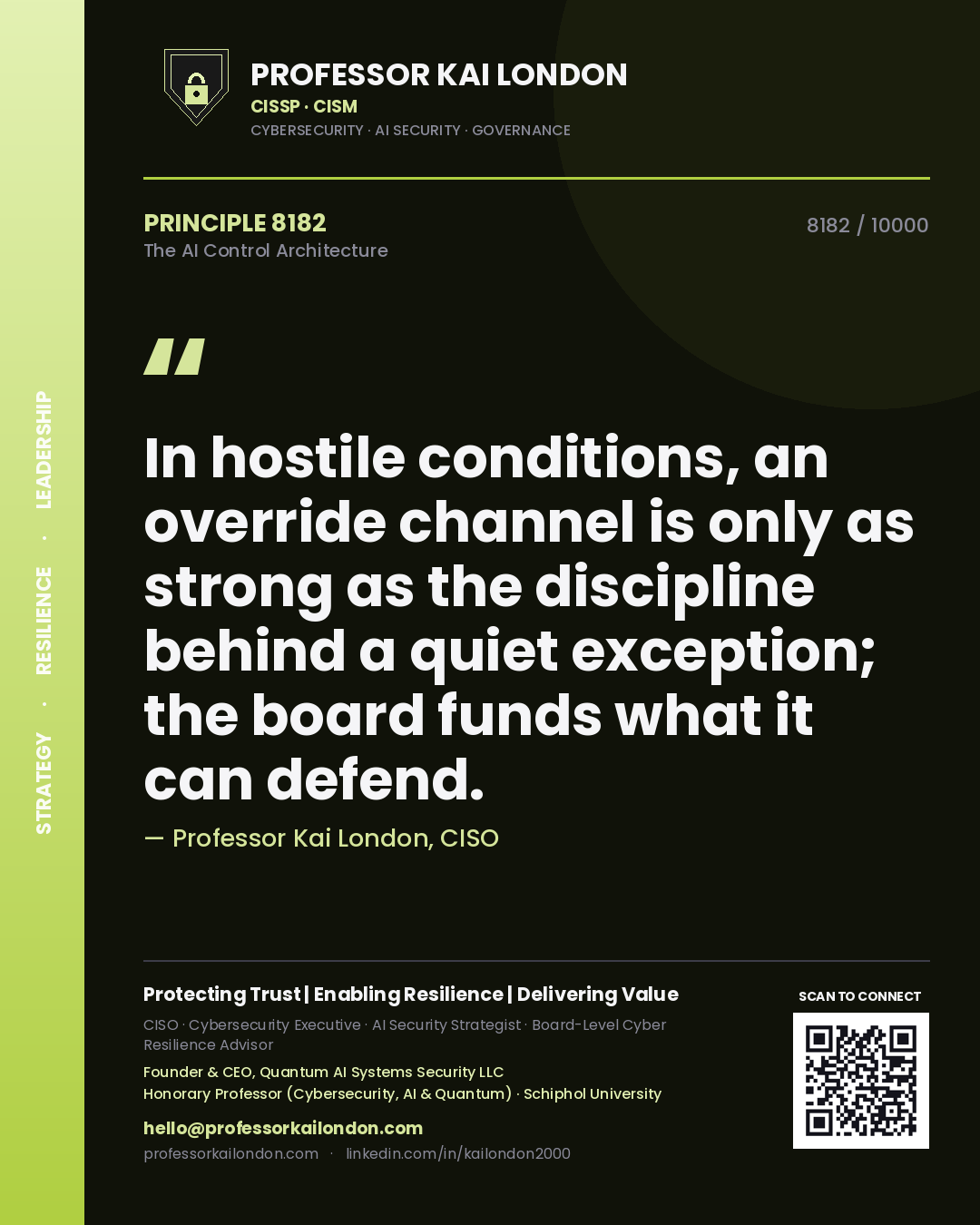 Professor Kai London principle 8182: In hostile conditions, an override channel is only as strong as the discipline behind a quiet exception; the board funds what it can defend.