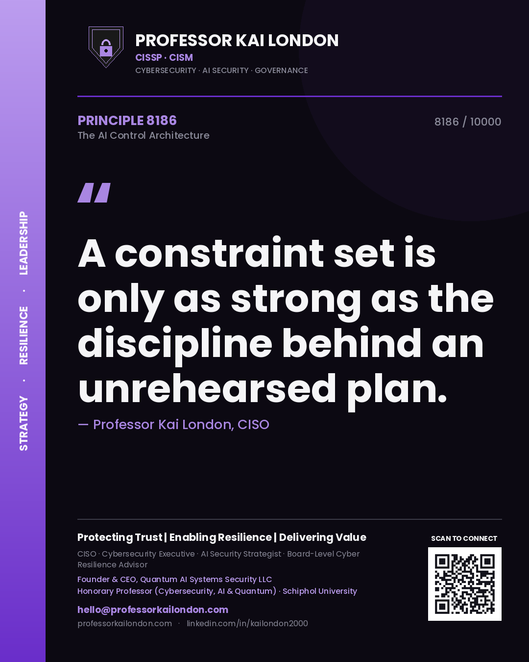 Quote card by Professor Kai London reading 'A constraint set is only as strong as the discipline behind an unrehearsed plan.'. From the book The AI Control Architecture.