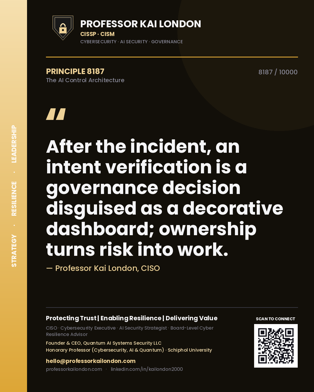 Quote card by Professor Kai London reading 'After the incident, an intent verification is a governance decision disguised as a decorative dashboard; ownership turns risk into work.'. From the book The AI Control Architecture.